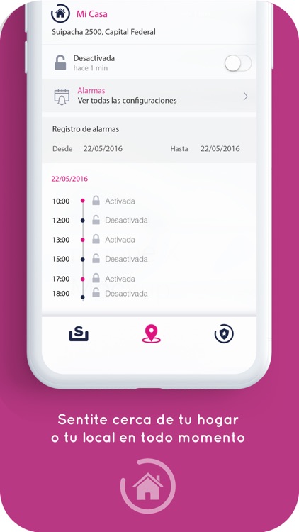  Telefono de frente con una seccion de la aplicacion Strix con un fondo fuera del telefono de color violeta